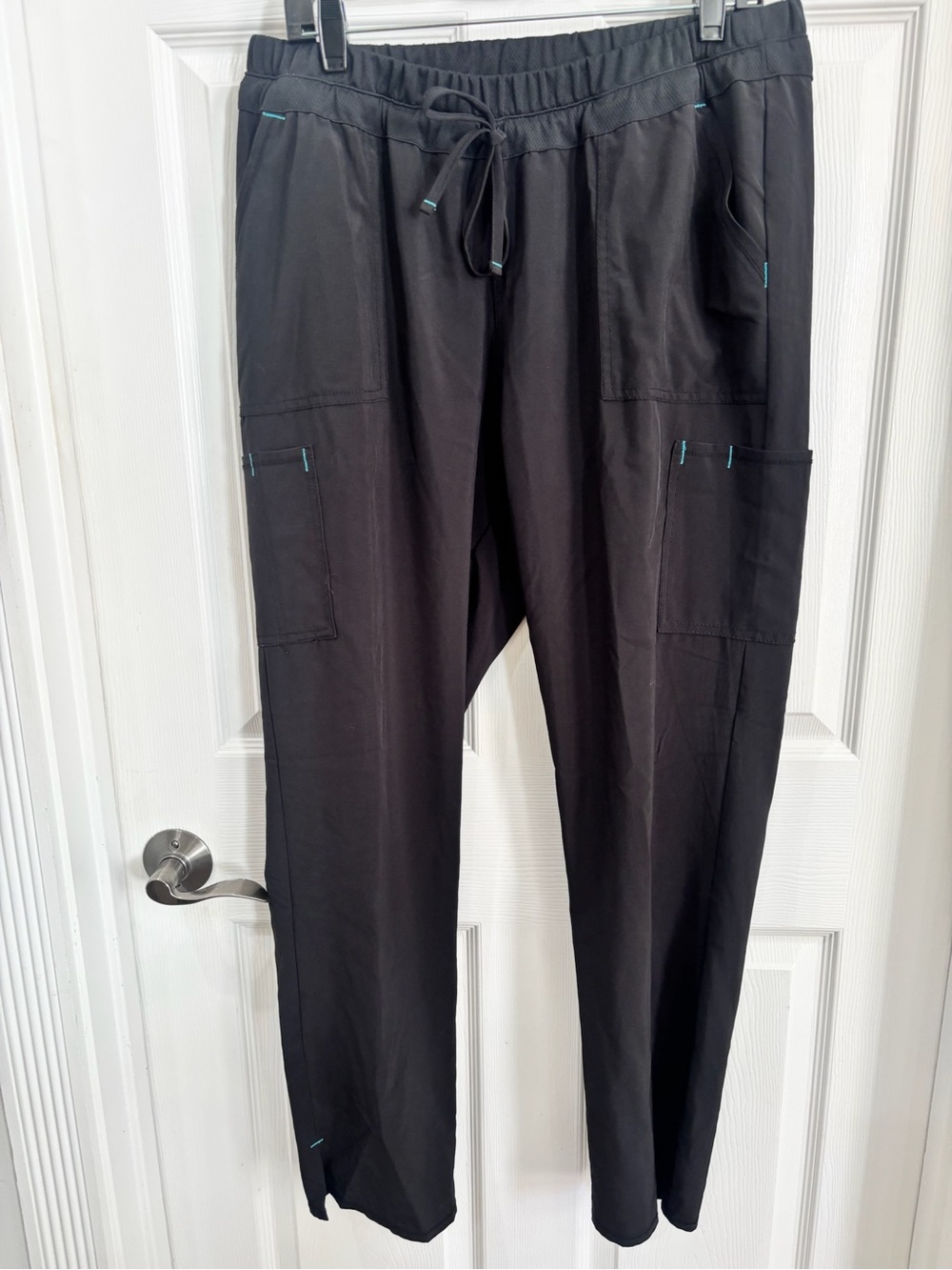 Scrubstar Black Cargo Drawstring Women's Scrub Pants with Teal Accents